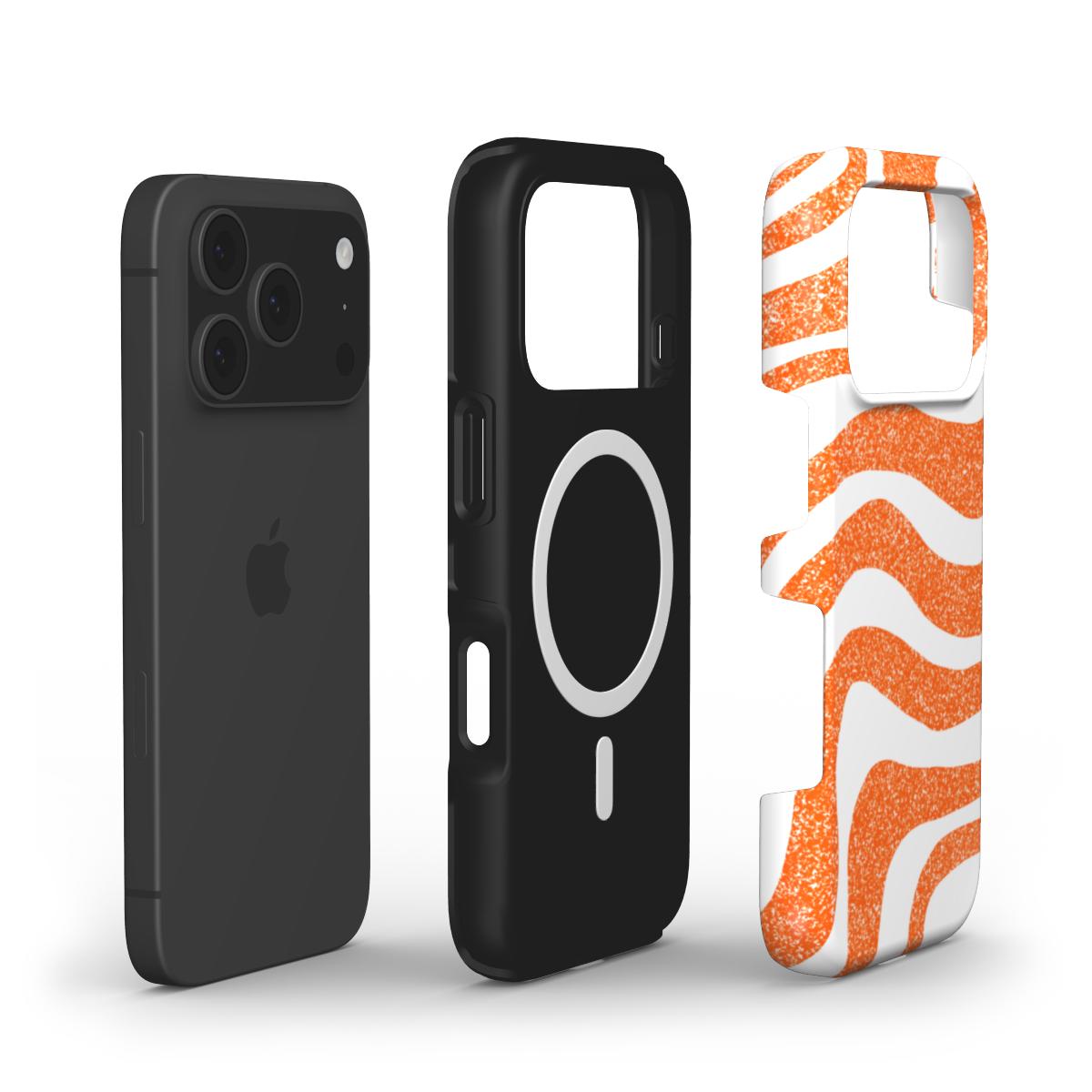 Three phone cases: black, black with white design, and orange and white patterned case on a white background.