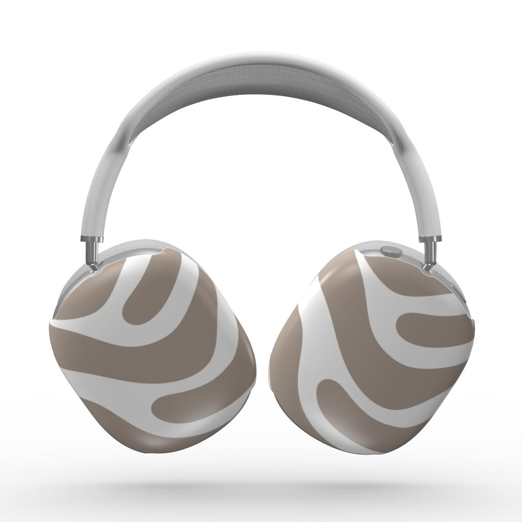 Pair of Aplle airpod maxh eadphones with brown and white design on a white background