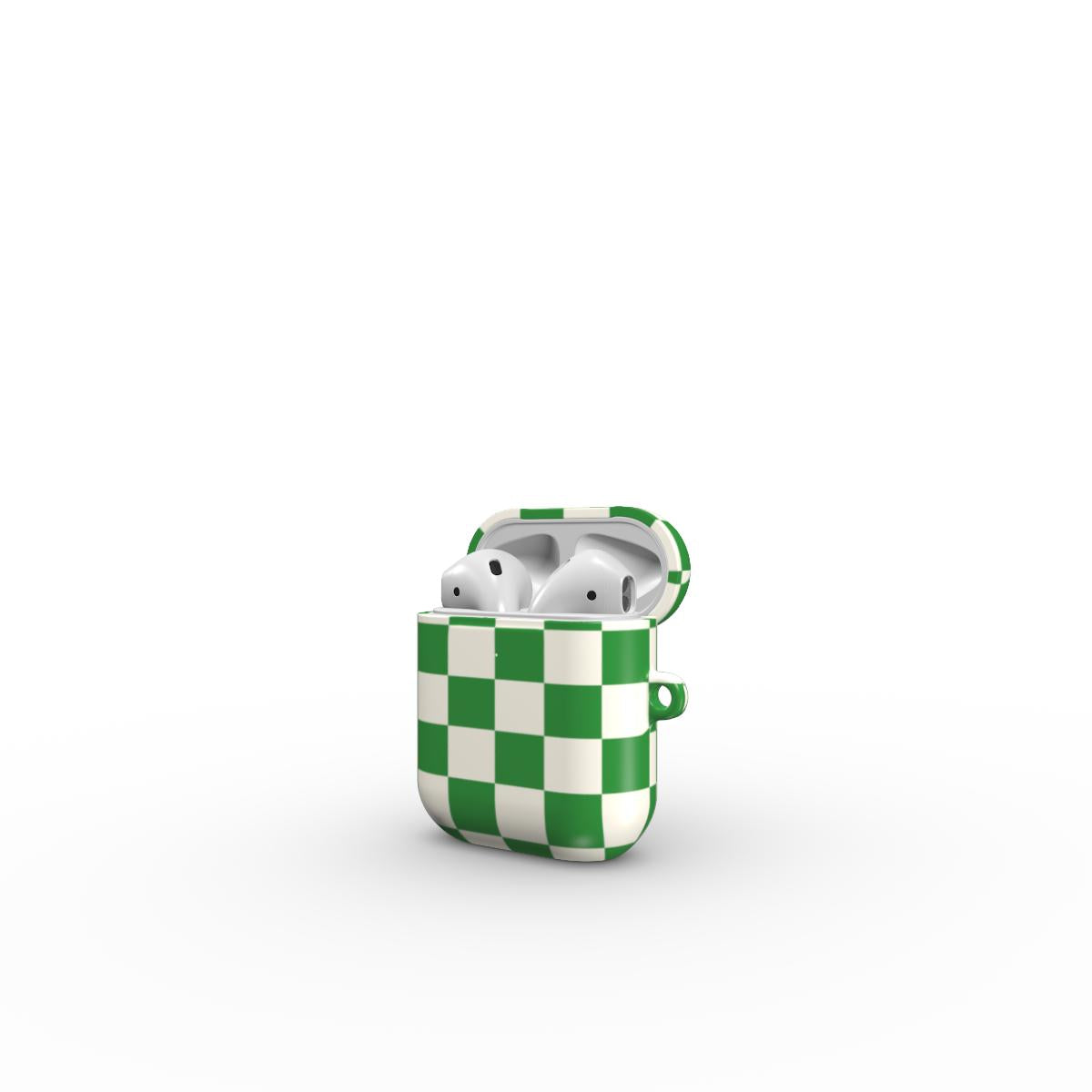 Green and white checkered case with wireless earbuds on a white background