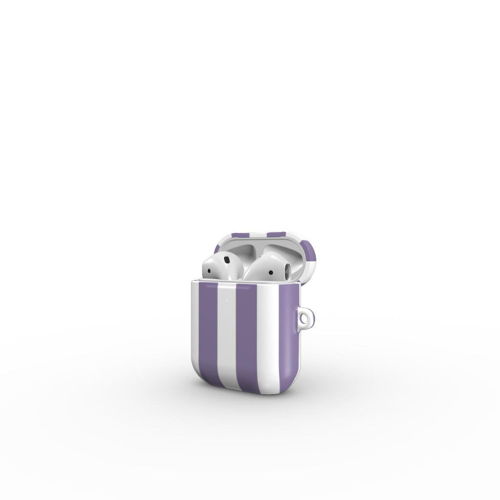 Purple and white striped case with wireless earbuds on a white background