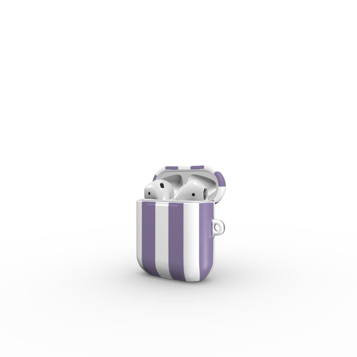 Purple and white striped case with wireless earbuds on a white background