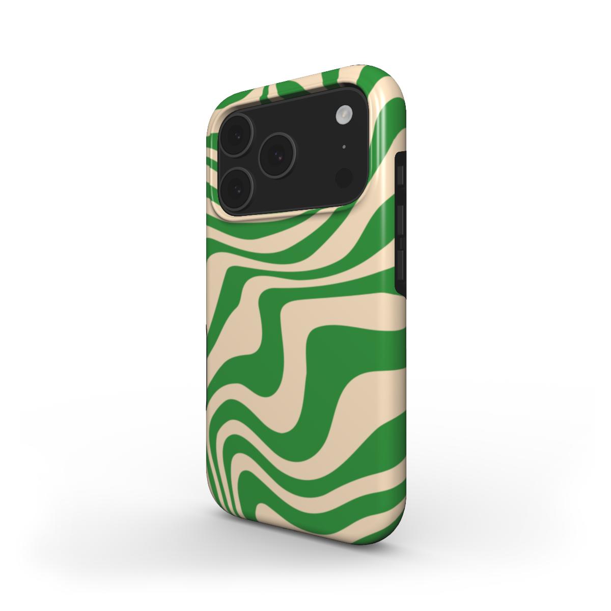 Phone case with green and beige wavy pattern on a white background