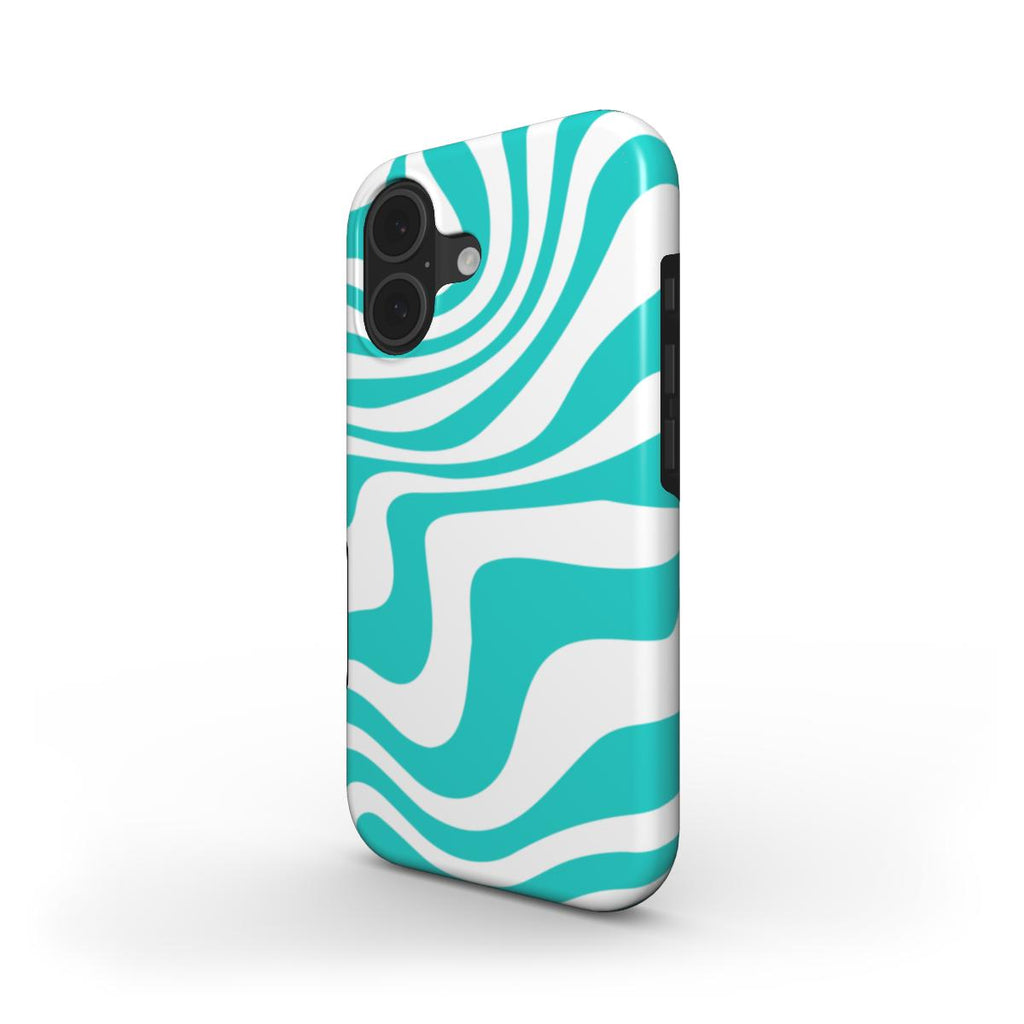 Phone case with blue and white wavy pattern on a white background