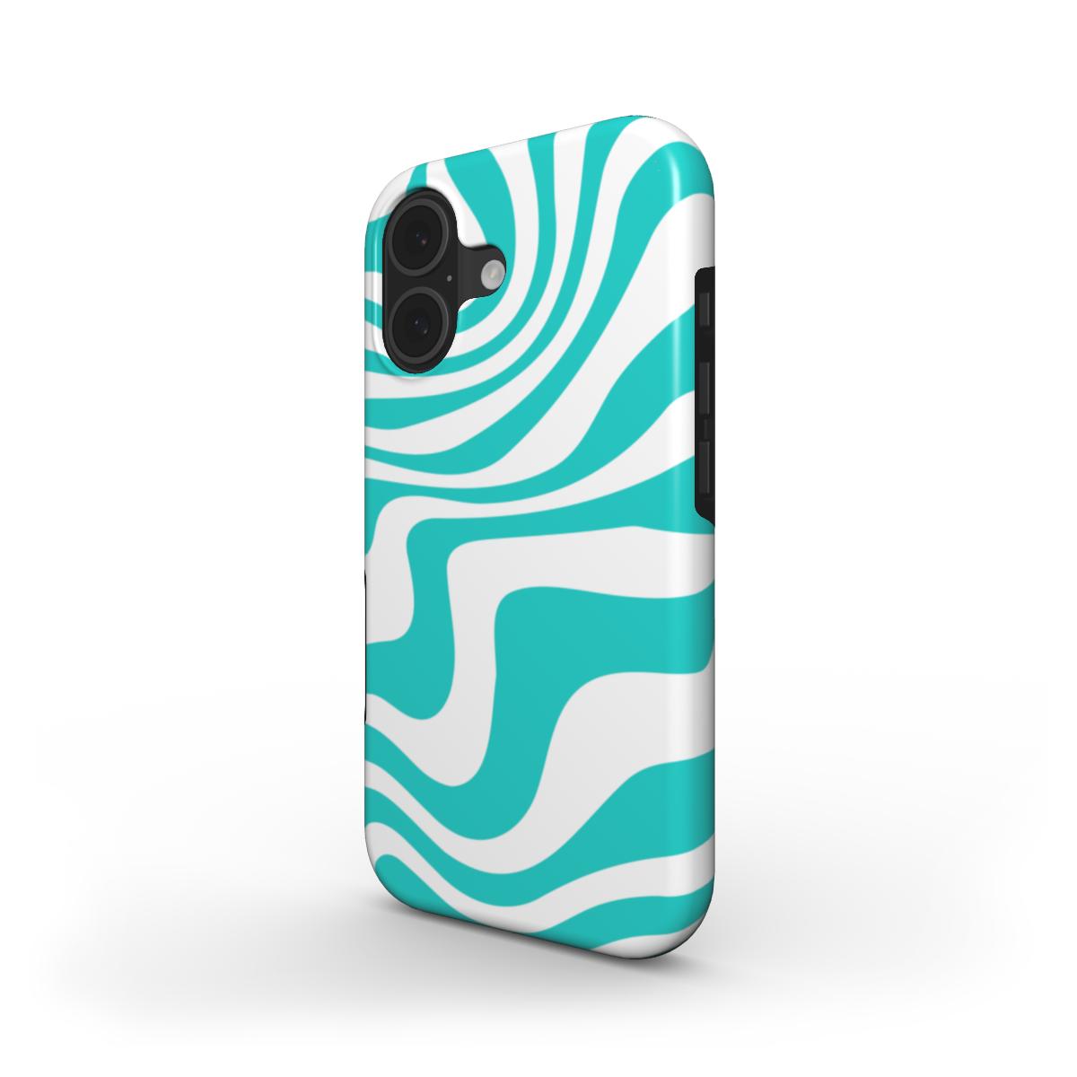Phone case with blue and white wavy pattern on a white background