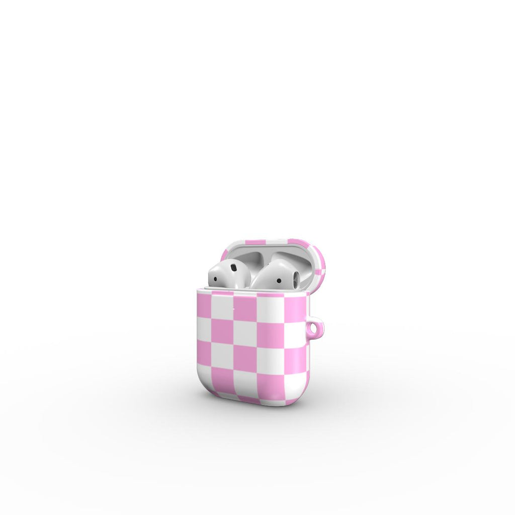 Pink and white checkered case with wireless earbuds on a white background