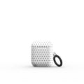 White wireless earbud case with black polka dots on a white background with clip on