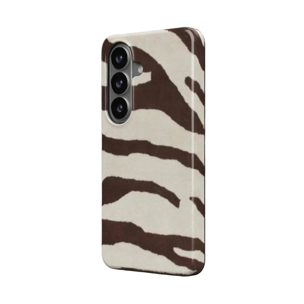 Phone case with brown zebra pattern on a white background