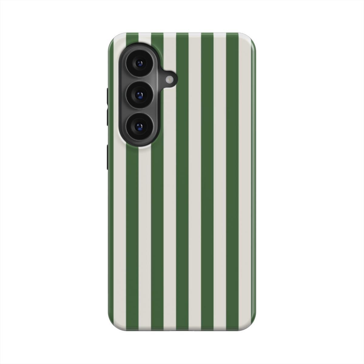 Samsung Phone case with green and white vertical stripes on a white background
