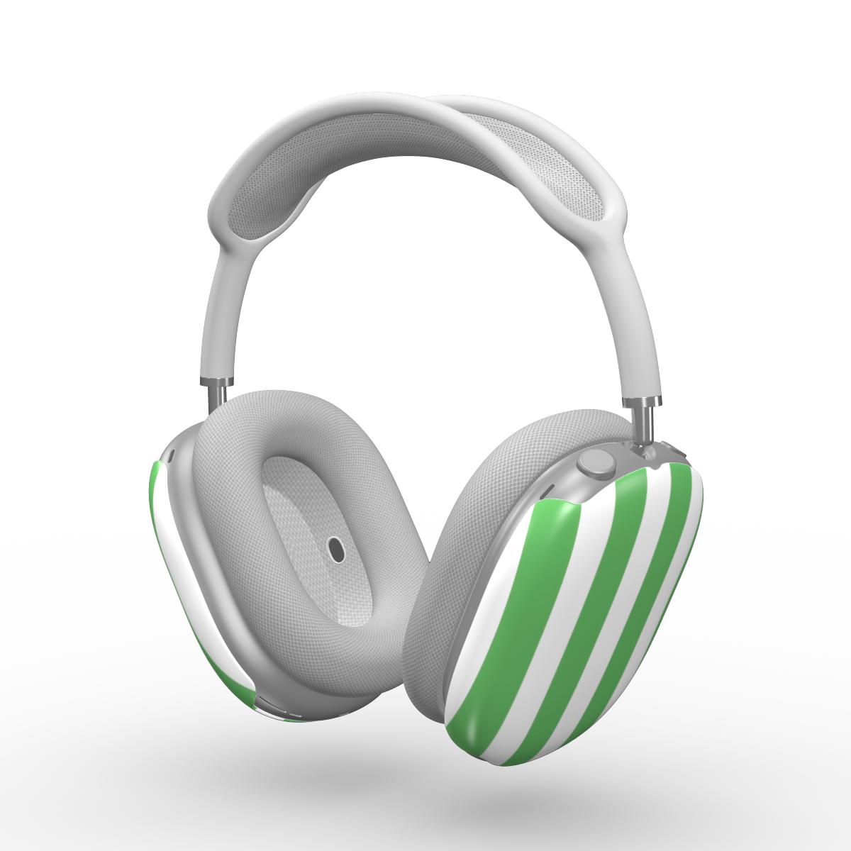 White and green striped headphones on a white background