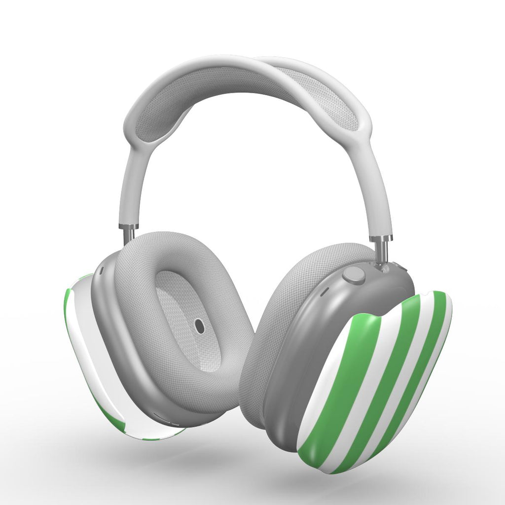 Gray headphones with green and white stripes cover  on a white background