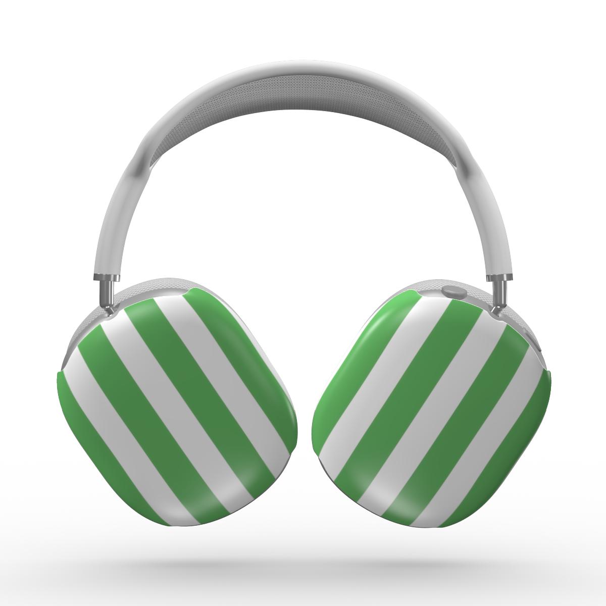 Green and white striped headphones on a white background facing forward