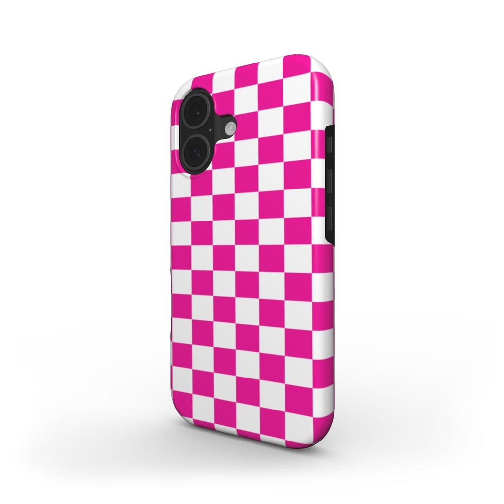 Phone case with pink and white checkered pattern on a white background