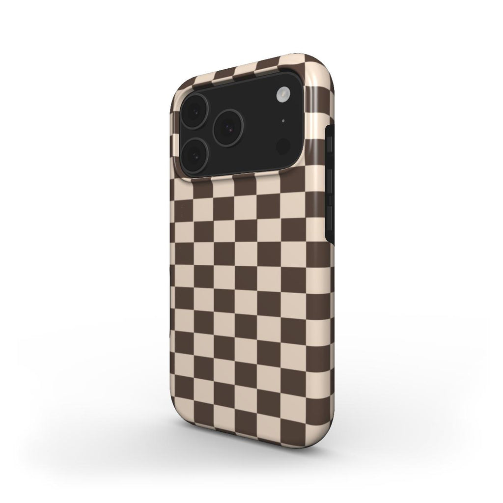 Checkered dark brown and beige iphone case on a white background