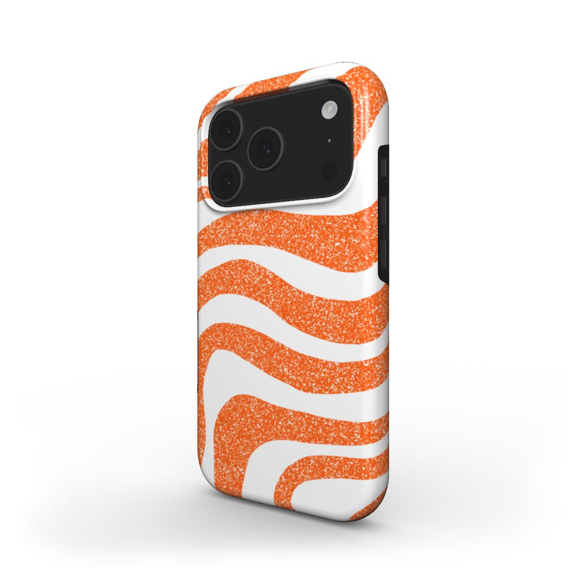 Phone case with orange and white wavy pattern on a white background