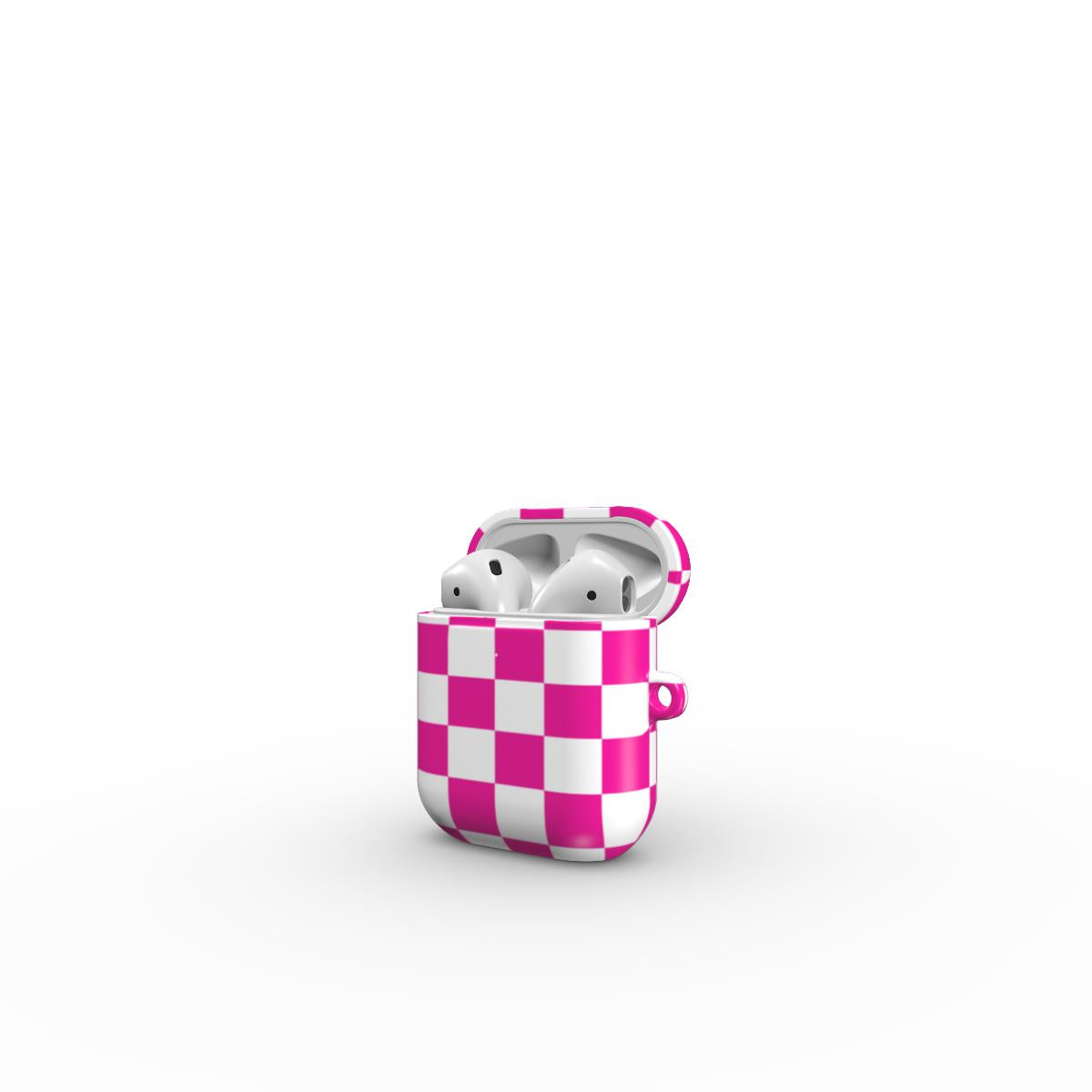 Pink and white checkered case with wireless earbuds on a white background