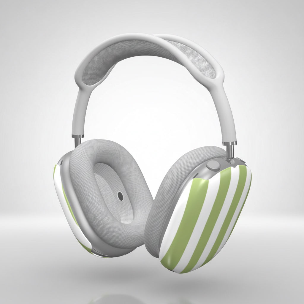 White and green striped headphones on a white background