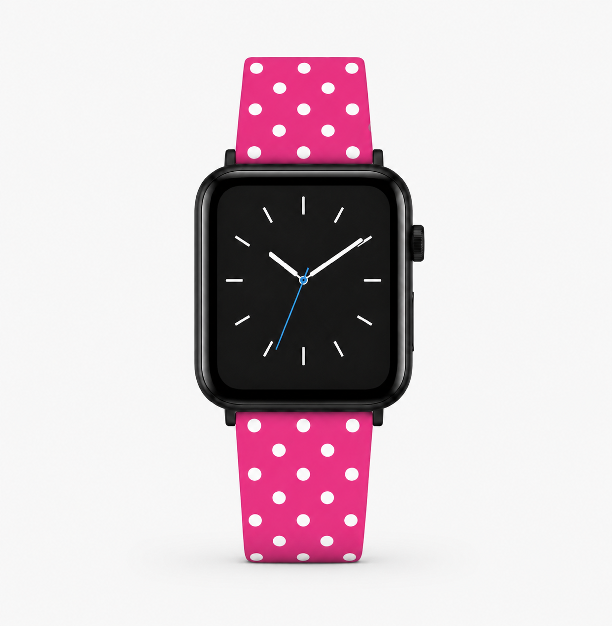 Smartwatch with a pink polka dot strap on a white background