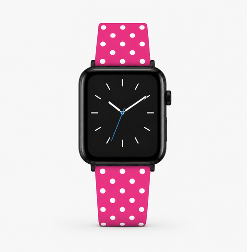 Smartwatch with a pink polka dot strap on a white background