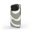 Phone case with wavy olive and white pattern on a white background