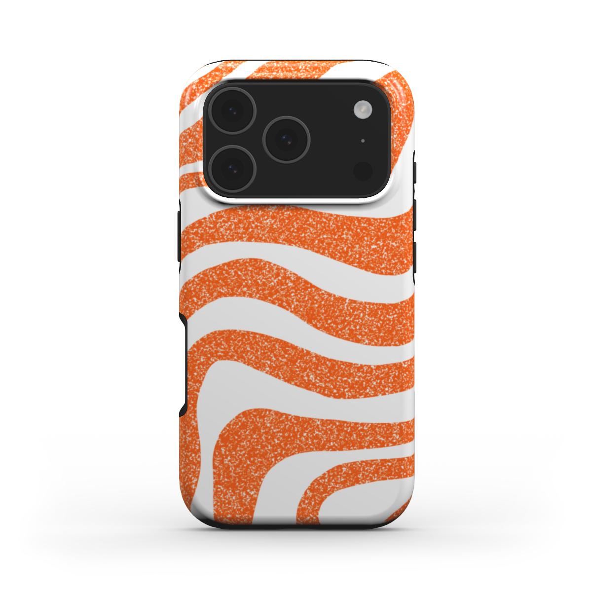 Phone case with orange and white wavy pattern on a white background